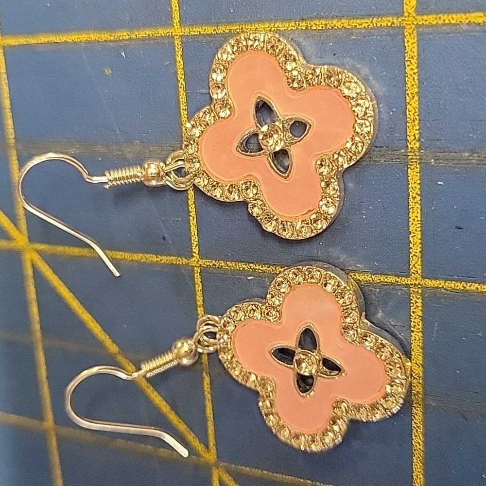 Silver Tone & Pink Enamel Floral Earrings New